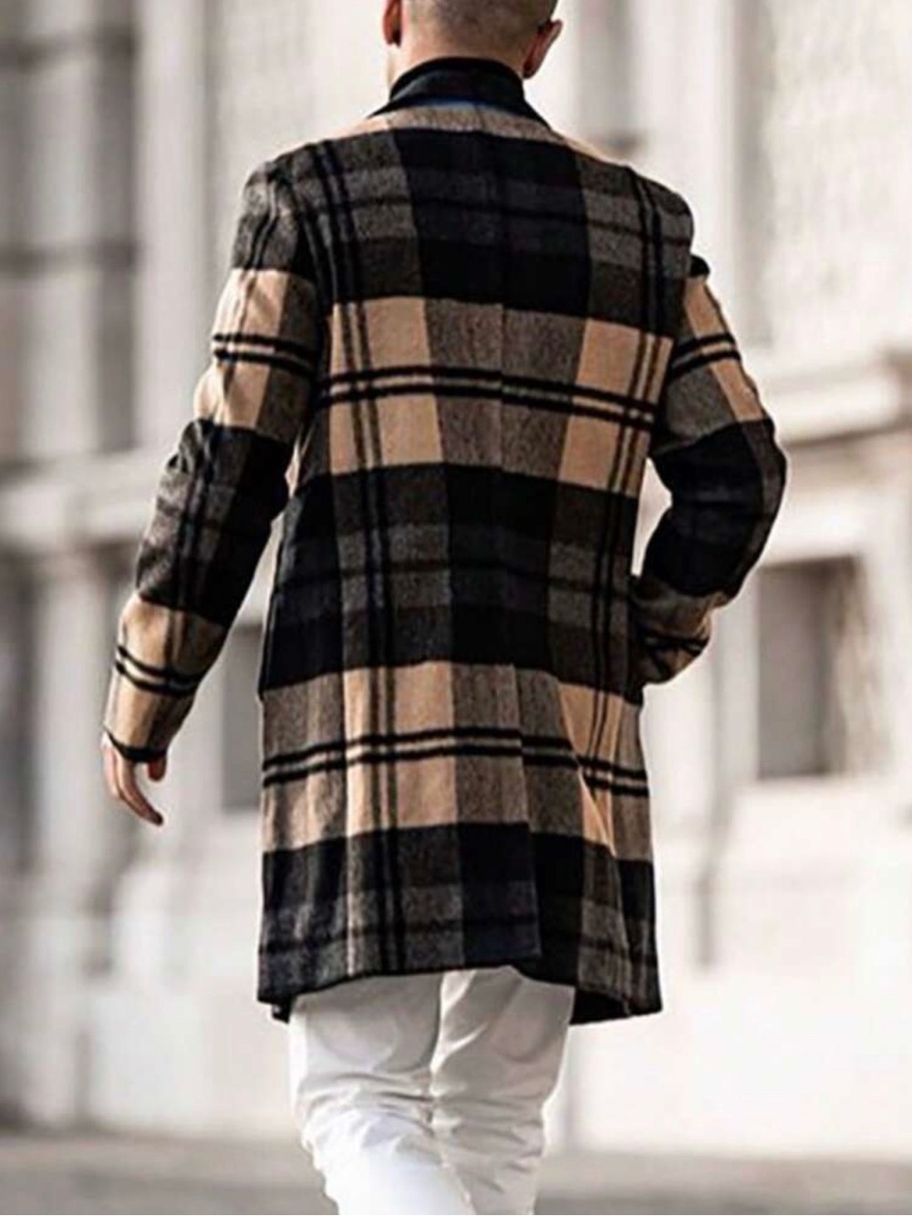 Men's Plaid Long Coat - Black & Tan - Picture 2 of 3